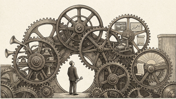 Pen and ink business owner inside a clockwork hub of practical Hermes Agent workflows