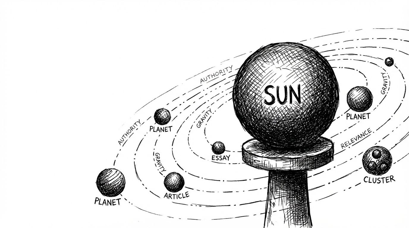Pen and ink illustration of a solar system with a central sun and planets orbiting connected by gravitational lines