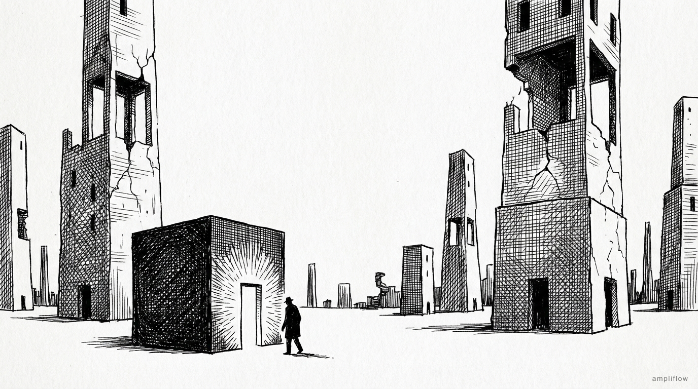 Pen and ink illustration of towers of varying solidity, one modest structure emanating light from within