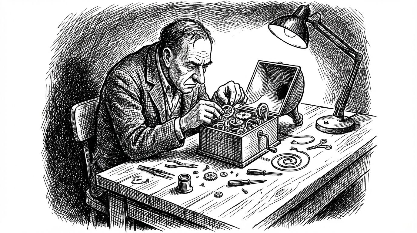 Pen and ink illustration of a figure assembling a mechanical voice box from intricate gears on a workbench