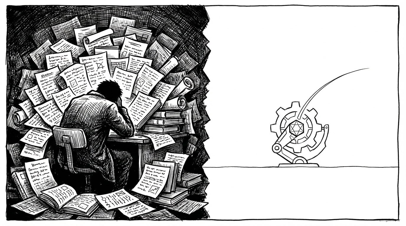 Pen and ink split illustration contrasting a figure buried in papers against clean automated efficiency