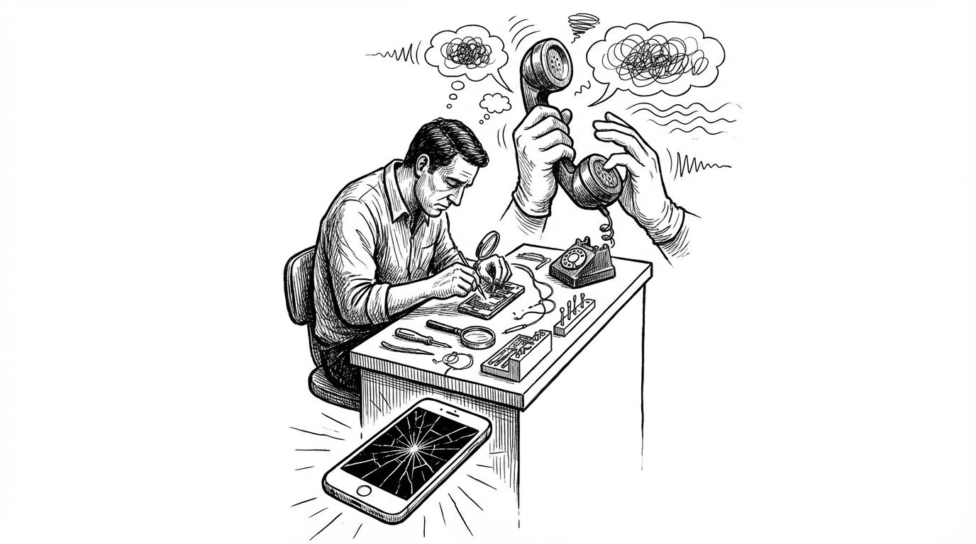 Pen and ink illustration of a repair shop counter with invisible hands answering a phone while a technician works