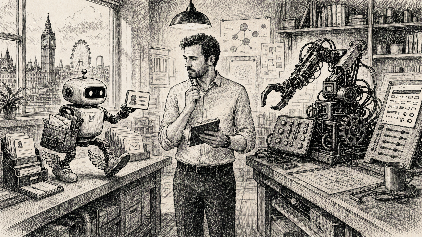 Pen and ink illustration of a business owner comparing a compact Hermes-style workflow machine with an open-clawed agent framework on two workbenches