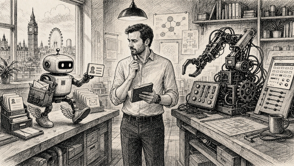 Pen and ink illustration of a business owner comparing a compact Hermes-style workflow machine with an open-clawed agent framework on two workbenches