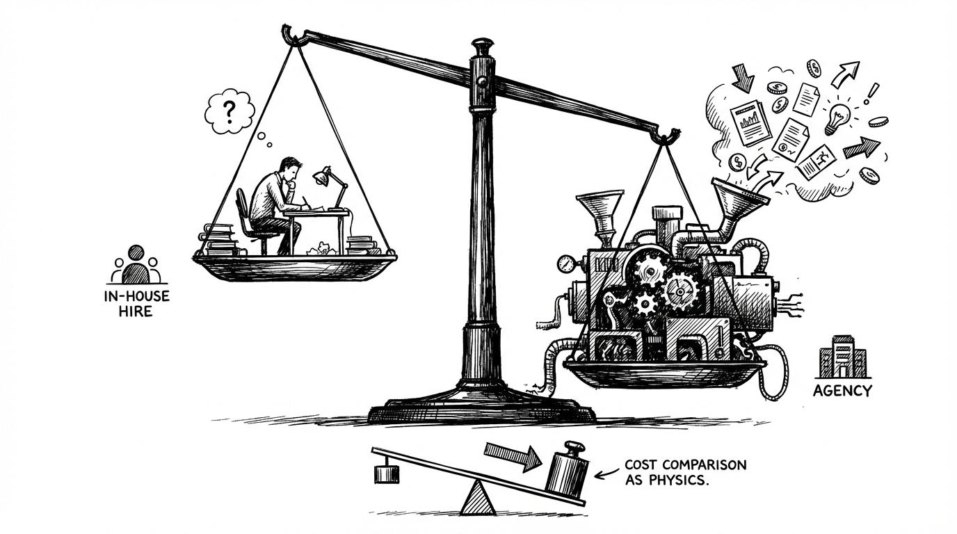 Pen and ink illustration of balance scales with a figure at a desk on one side and a complex machine on the other