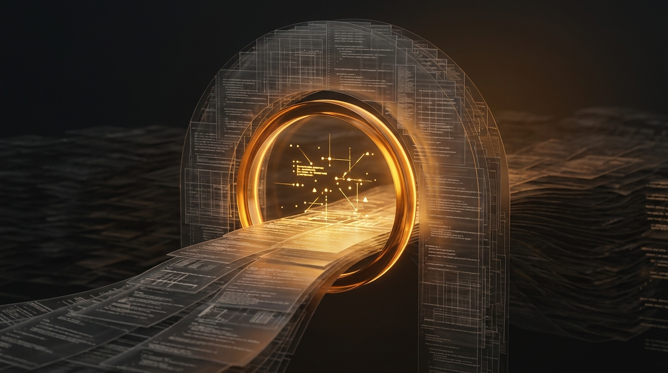 Layered code sheets passing through an amber inspection lens at a review gate