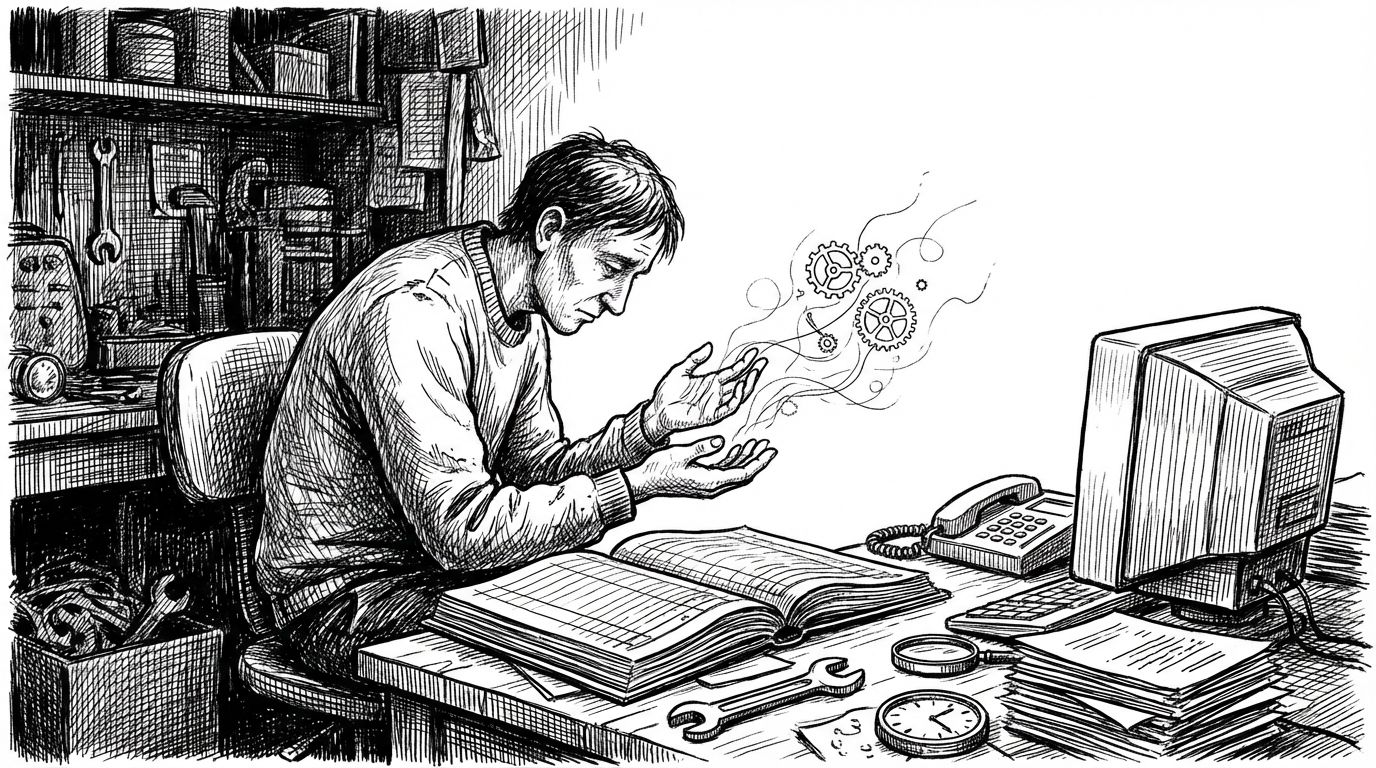 A small-business owner weighing automation ideas at a crowded desk