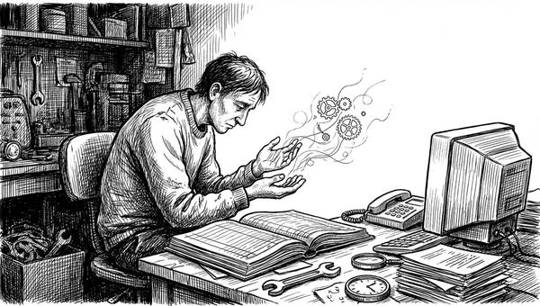 A small-business owner weighing automation ideas at a crowded desk