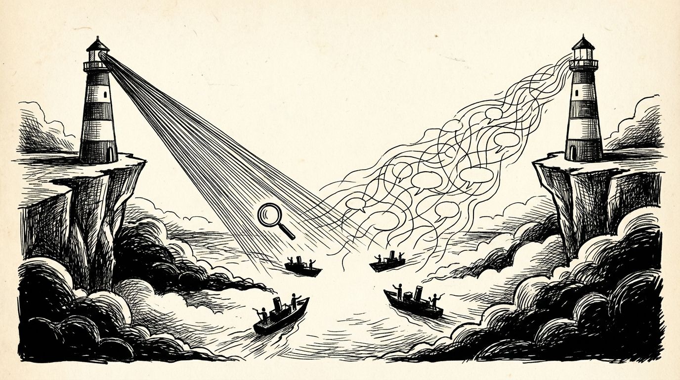 Pen and ink illustration of two lighthouses casting different beams into fog from opposite headlands