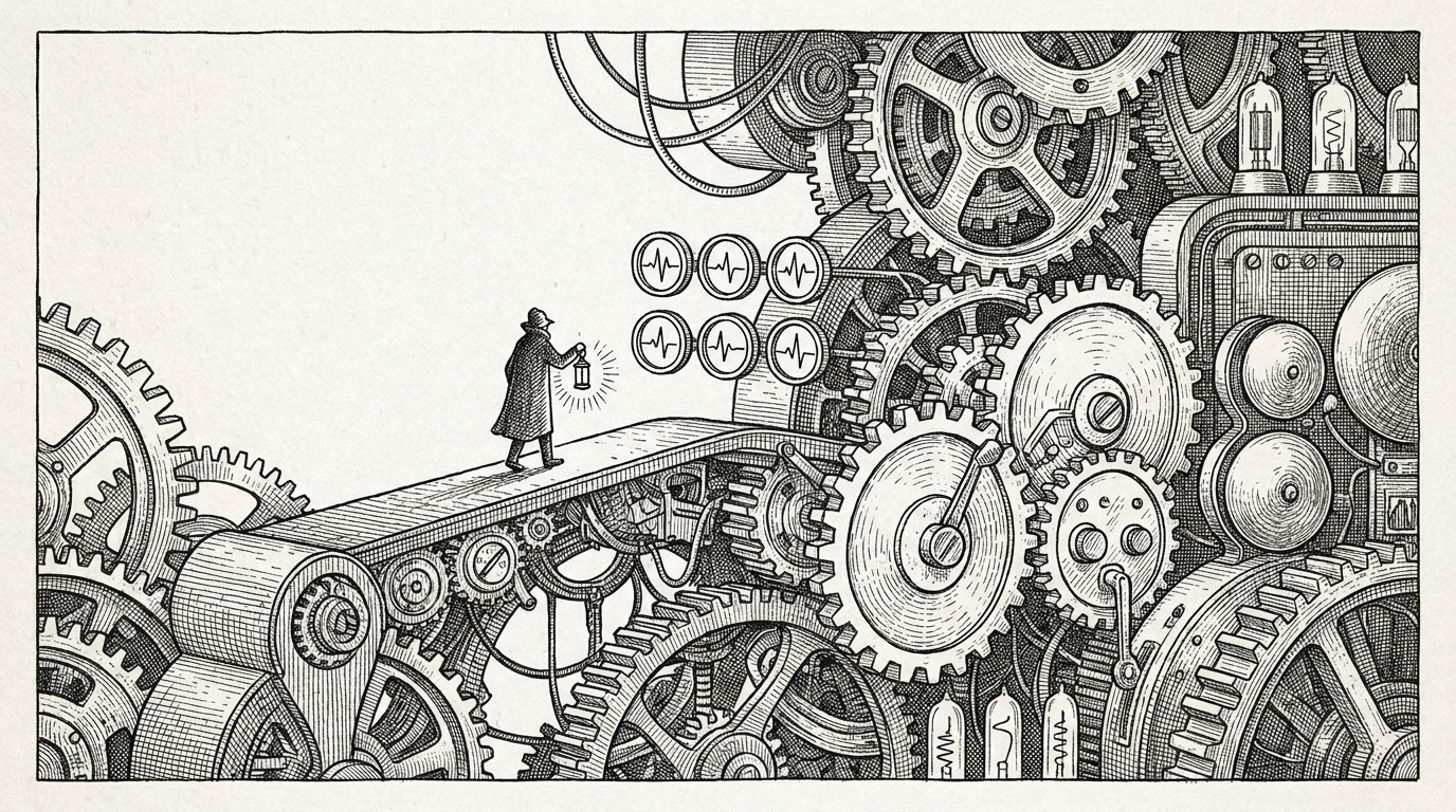 Pen and ink night watchman inspecting heartbeat dials in a clockwork server mechanism