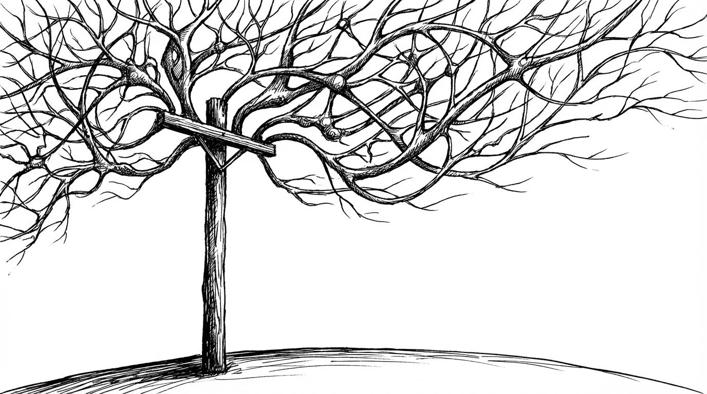 Pen and ink illustration of a telephone pole with organic neural pathways extending outward instead of wires