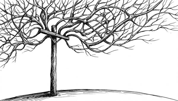 Pen and ink illustration of a telephone pole with organic neural pathways extending outward instead of wires