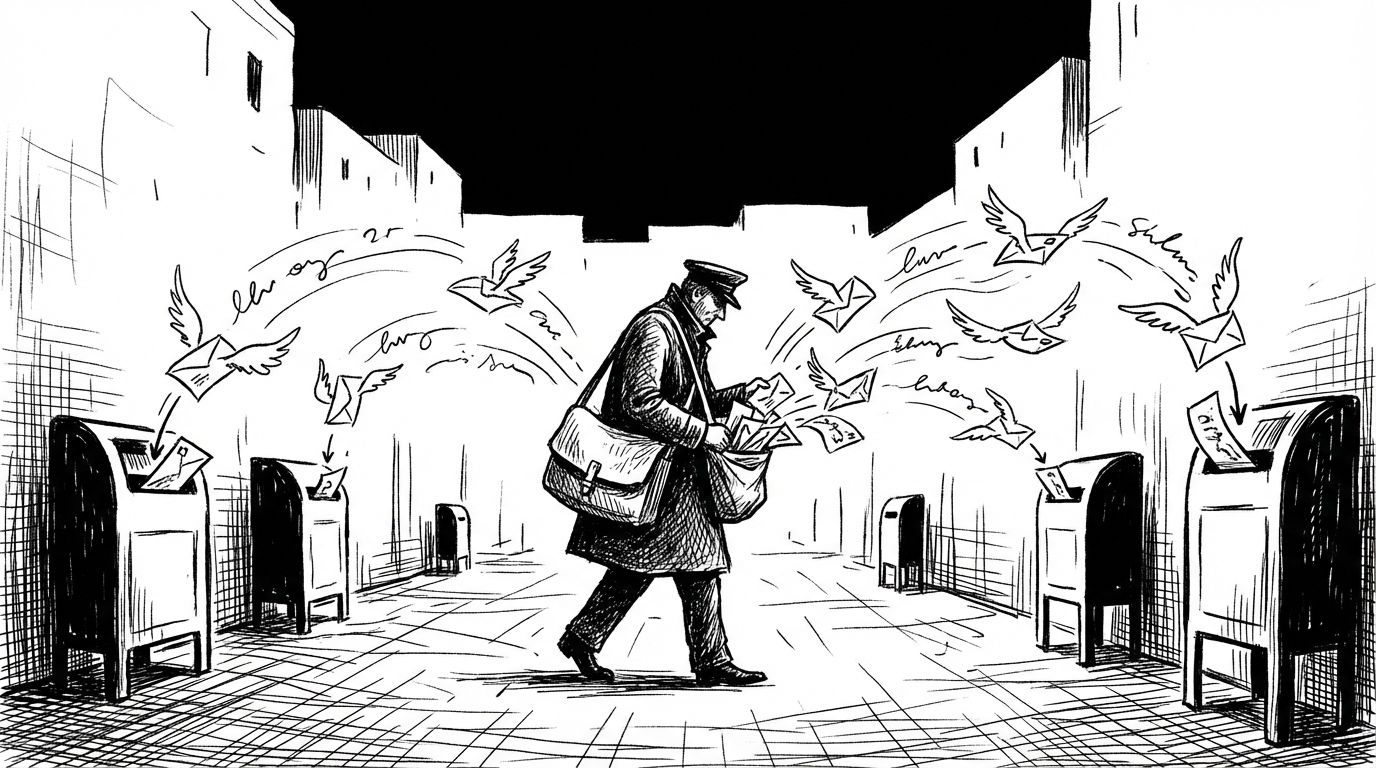 Pen and ink illustration of a postman with self-writing letters flying precisely into letterboxes along a street