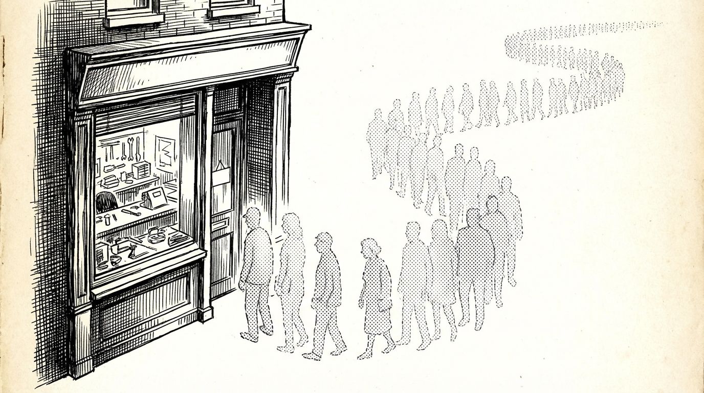 Pen and ink illustration of a small shopfront with 2000 ghostly figures walking back toward the door