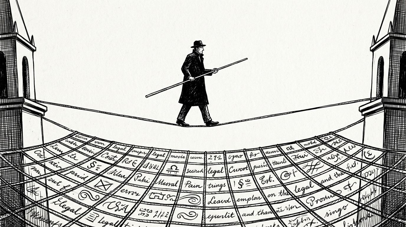 Pen and ink illustration of a figure walking a tightrope with a safety net woven from legal text below