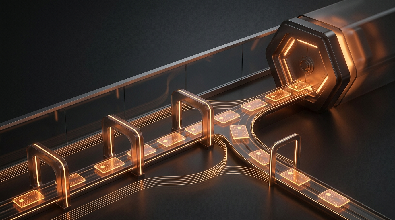 Glowing procedural skill cards moving through review gates into a shared team vault
