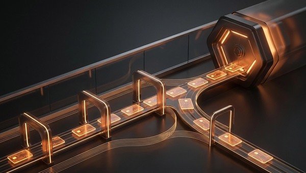 Glowing procedural skill cards moving through review gates into a shared team vault