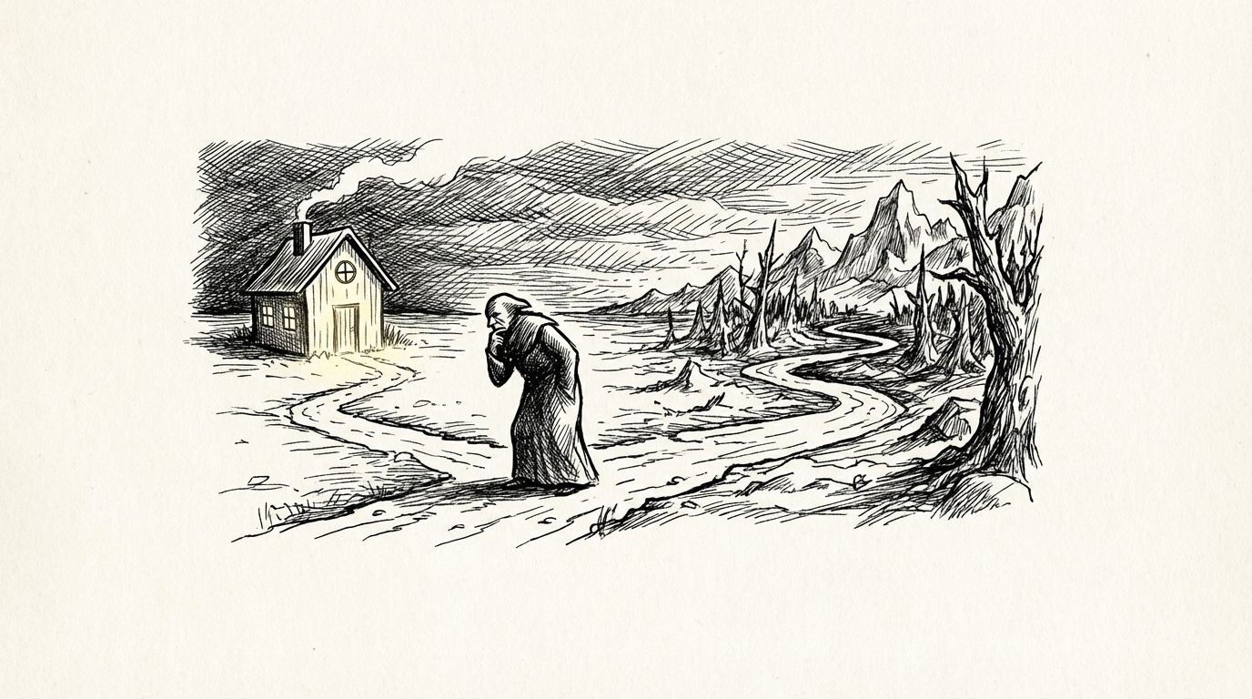 Pen and ink illustration of two paths diverging, one leading to a warm familiar door, the other into cold wilderness