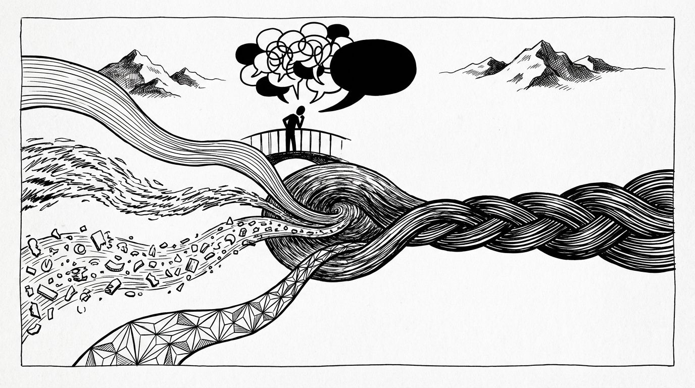 Pen and ink illustration of four rivers of different textures merging into one unified powerful current