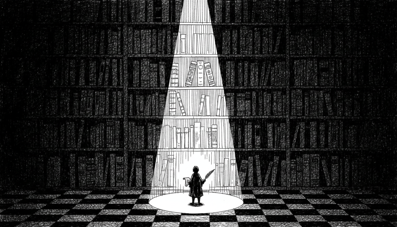 Pen and ink illustration of a vast dark library where a single beam of light illuminates three chosen books, a solitary figure looking up from below