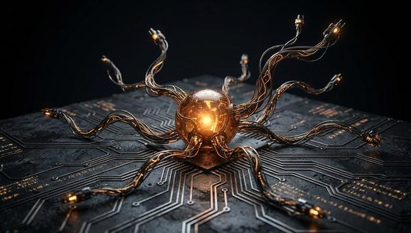 A glowing amber core on charcoal emitting autonomous branching limbs that act independently, depicting agents built with the Claude Agent SDK