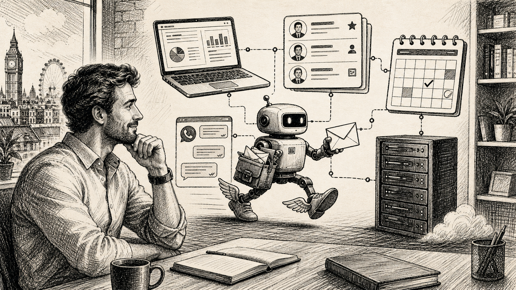 Pen and ink illustration of a business owner reviewing an autonomous messenger machine connecting CRM, calendar, WhatsApp, and server workflows