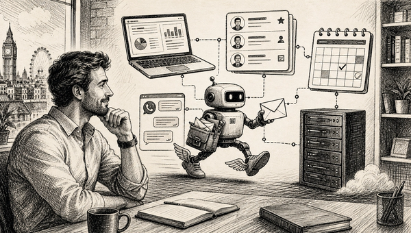 Pen and ink illustration of a business owner reviewing an autonomous messenger machine connecting CRM, calendar, WhatsApp, and server workflows
