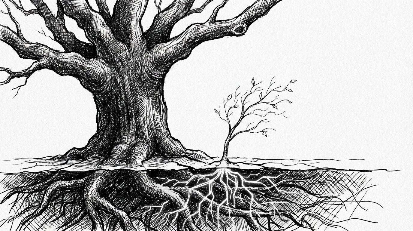 Pen and ink illustration of a sapling growing beside an enormous oak with intertwined roots