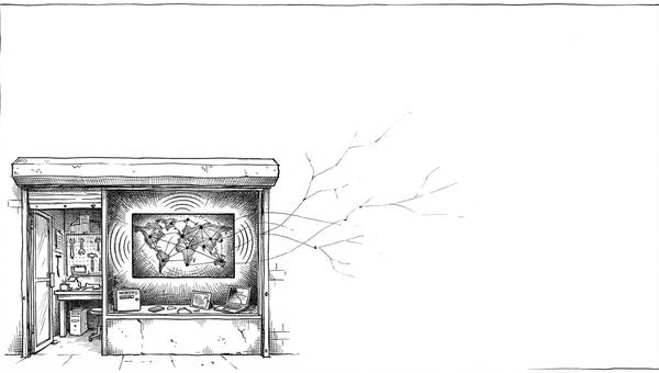 Pen and ink illustration of a small repair shop with a glowing screen displaying digital connections radiating outward