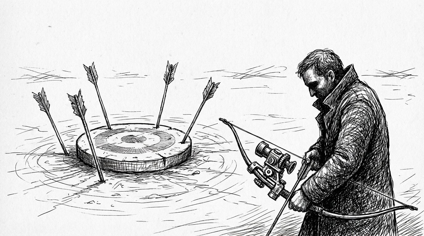 Pen and ink illustration of five arrows stuck around a target, a sixth being drawn with a mechanical sight