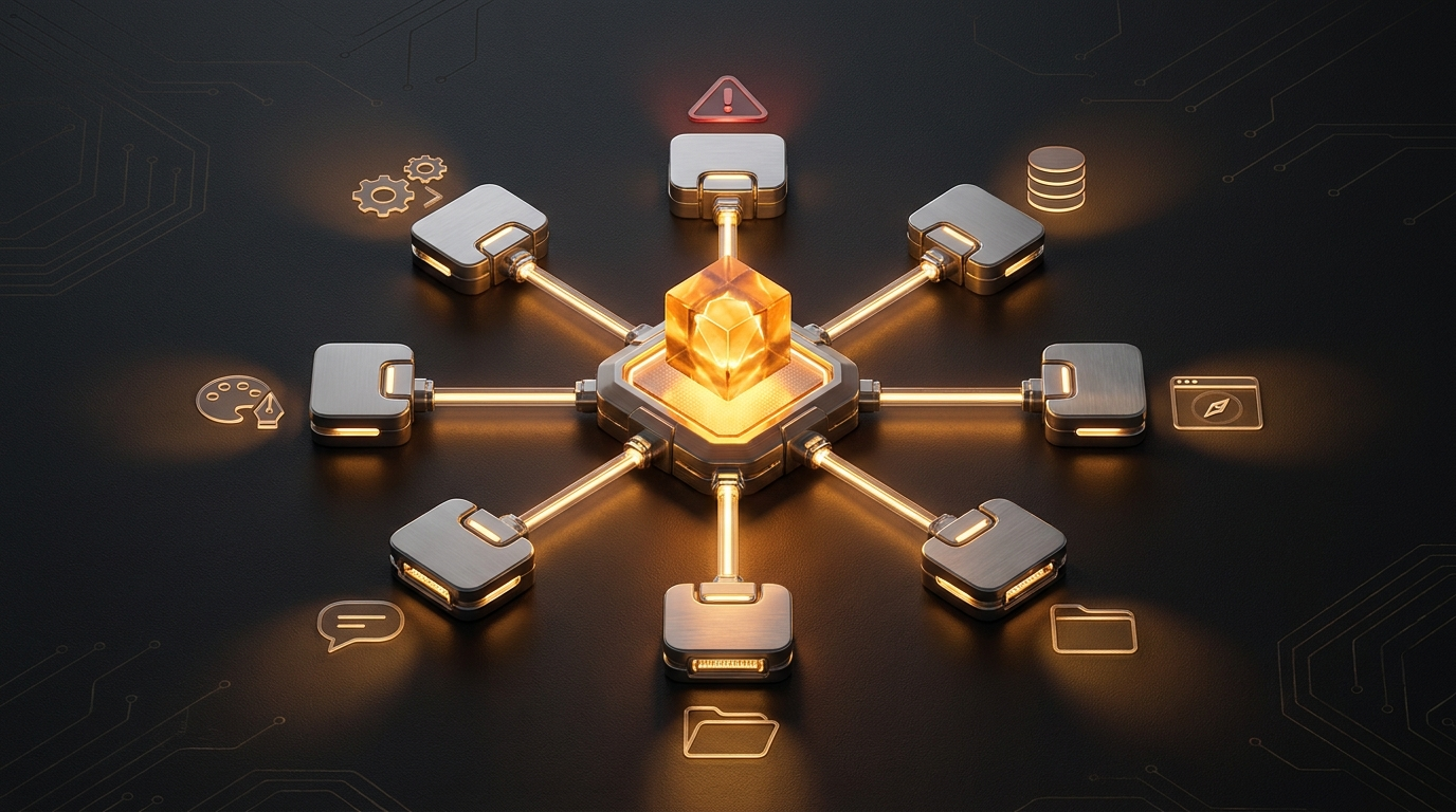Seven secure connector nodes arranged around a central amber Claude Code agent core