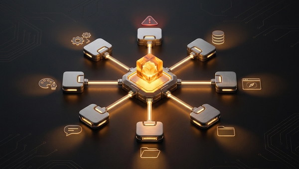 Seven secure connector nodes arranged around a central amber Claude Code agent core