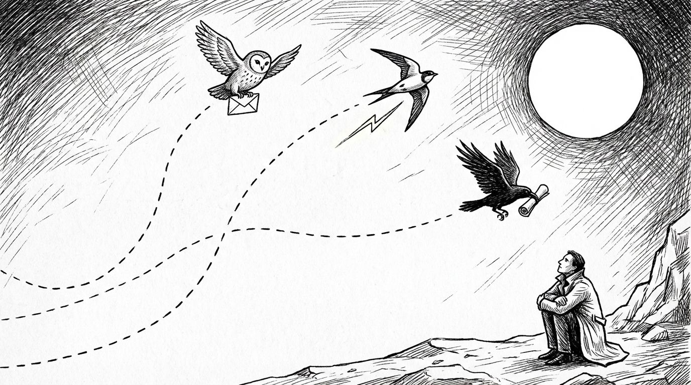 Pen and ink illustration of three messenger birds in flight each carrying different messages across the sky
