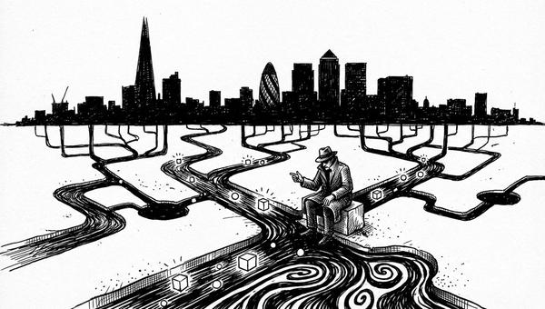 A London skyline connected to branching digital lead routes