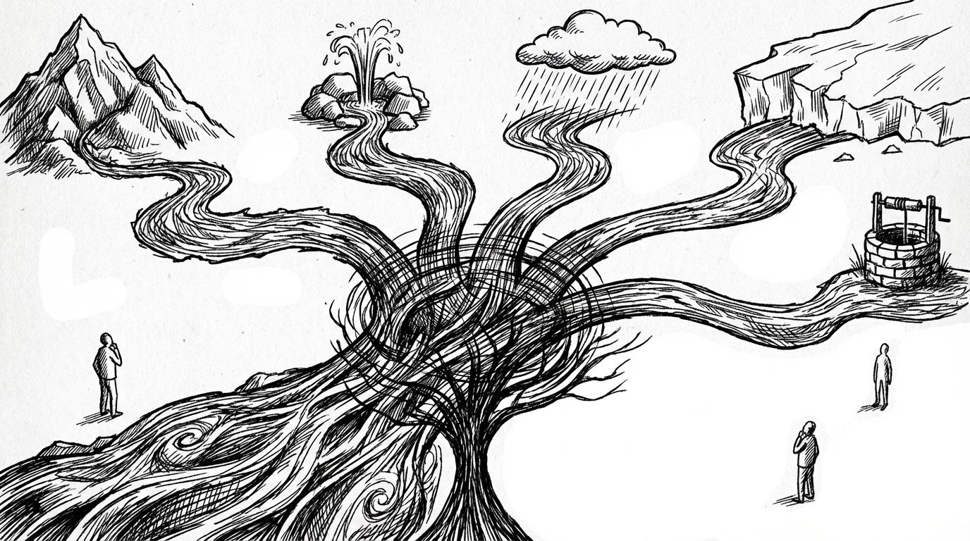 Pen and ink illustration of five streams of water converging into a single powerful river viewed from above