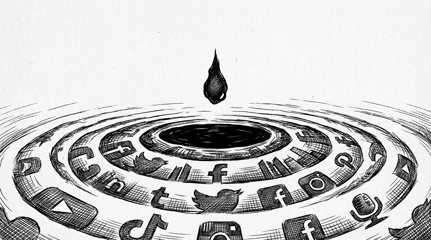 Pen and ink illustration of a single drop of ink falling into water creating ripples spreading in concentric circles