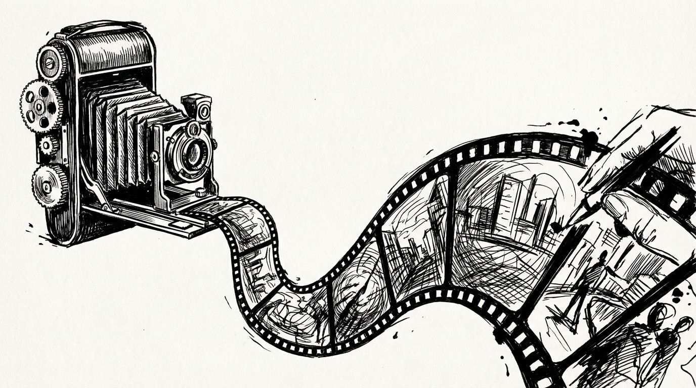 Pen and ink illustration of a film strip unspooling from a mechanical camera with ink forming scenes in real time