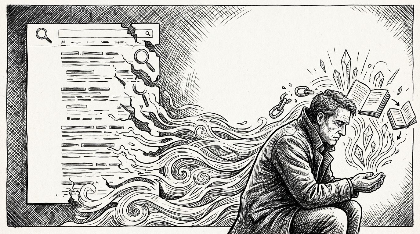 Pen and ink illustration of a search results page dissolving at its edges into a direct conversation