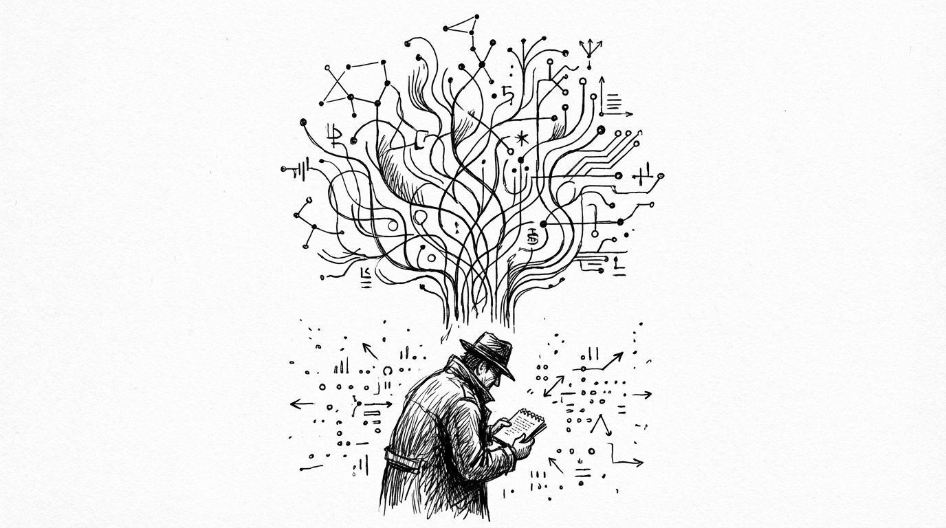 Pen and ink illustration of data points connected by flowing lines forming a constellation-circuit-nervous-system pattern
