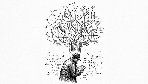 Pen and ink illustration of data points connected by flowing lines forming a constellation-circuit-nervous-system pattern