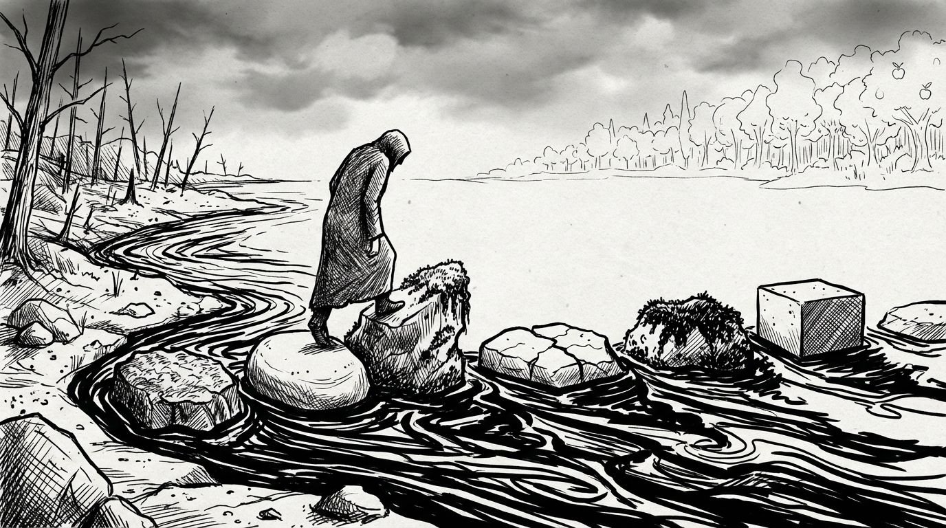 Pen and ink illustration of five stepping stones crossing a dark river, a figure standing mid-crossing