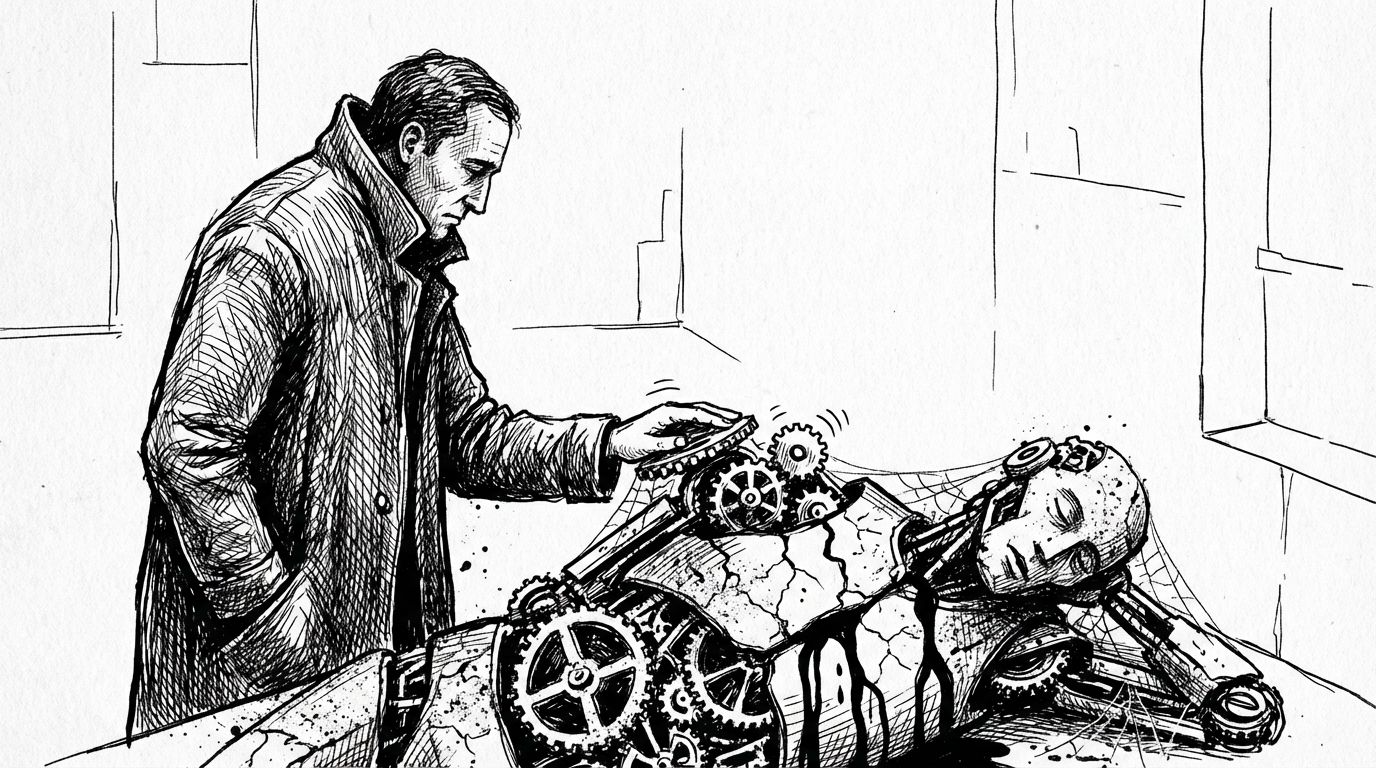 Pen and ink illustration of a figure shaking awake a sleeping mechanical person whose gears begin turning