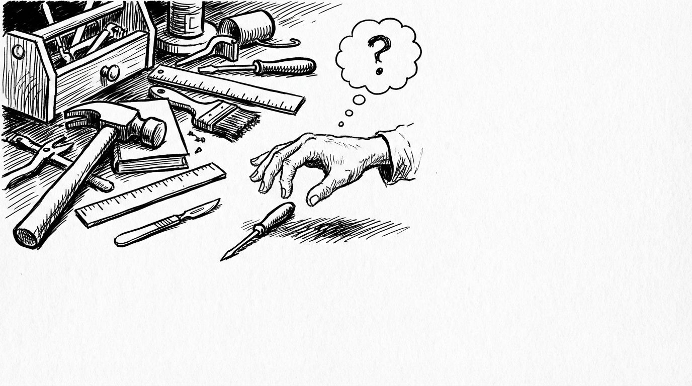 Pen and ink illustration of a workbench covered with tools of varying sizes with a hand hovering to select one