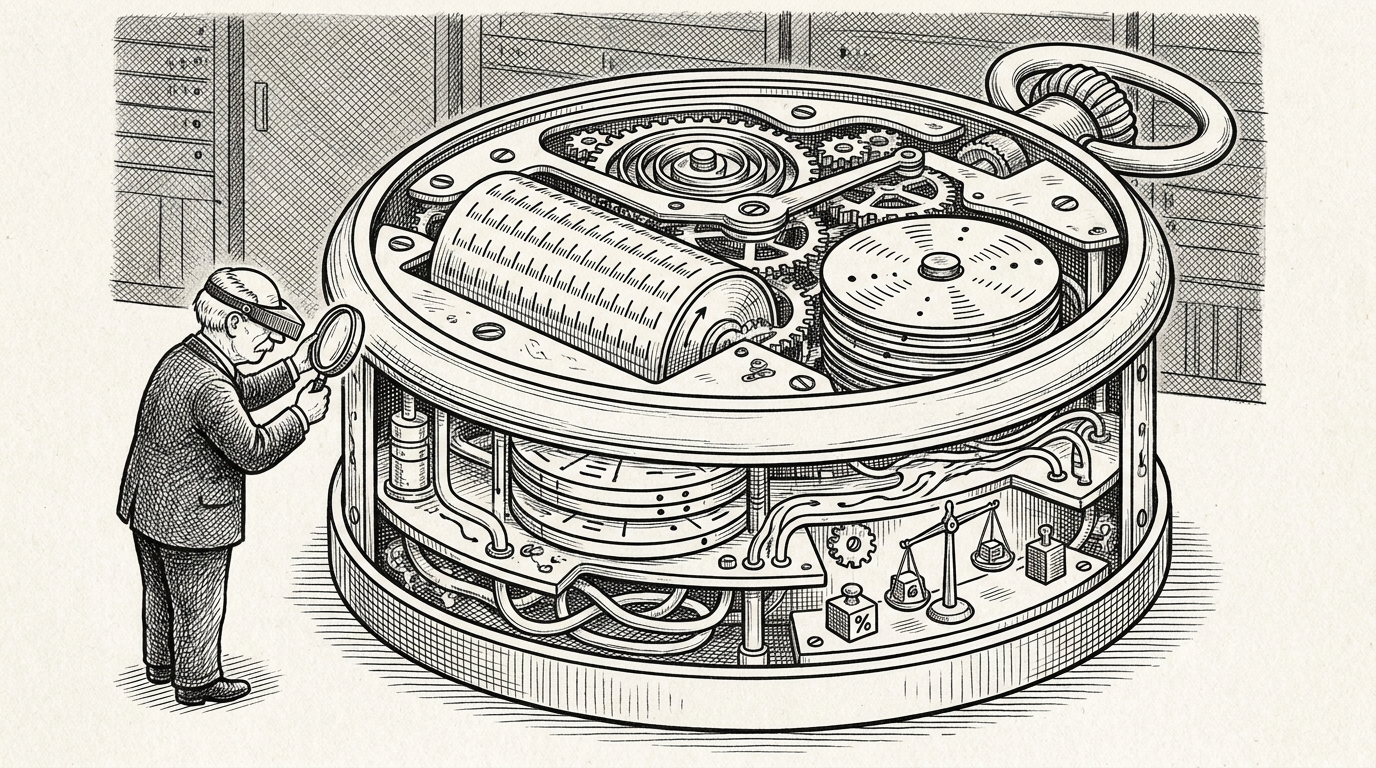 Pen and ink accountant opening a layered mechanical server to inspect cost components