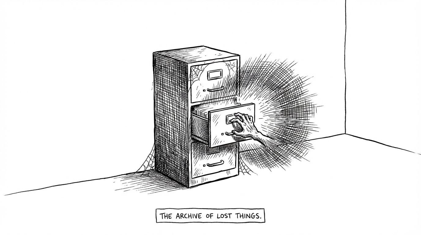 Pen and ink illustration of a dusty filing cabinet with one drawer open revealing warm glowing light inside