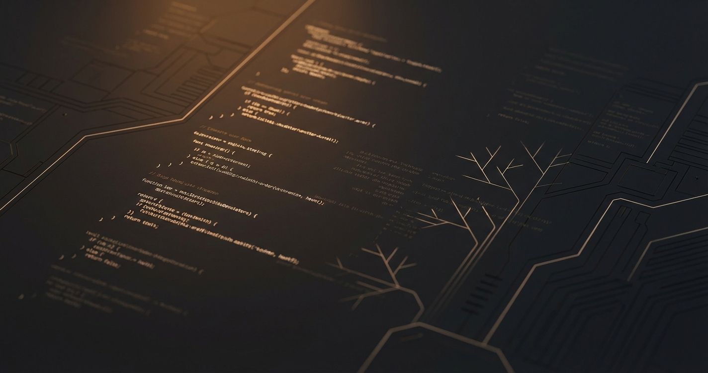 Abstract code fragments and branching tree structures in warm amber light on dark charcoal background, representing Claude Code terminal-based AI coding