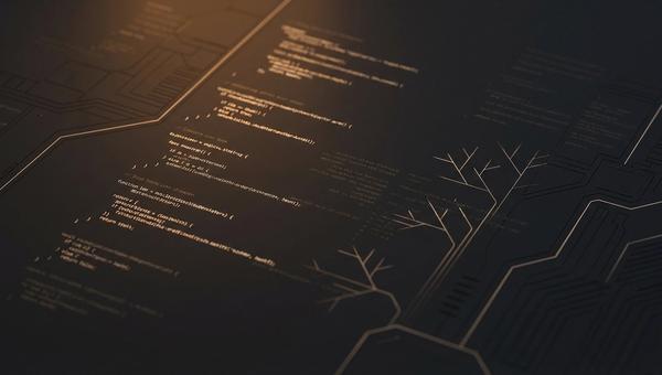 Abstract code fragments and branching tree structures in warm amber light on dark charcoal background, representing Claude Code terminal-based AI coding