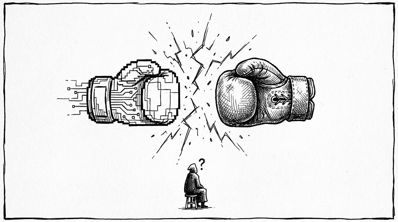 Pen and ink illustration of two boxing gloves suspended in mid-air, one digital, one worn leather