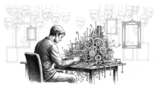 Pen and ink illustration of a solitary figure building an intricate machine at a workbench, surrounded by rows of hollow masks and empty frames