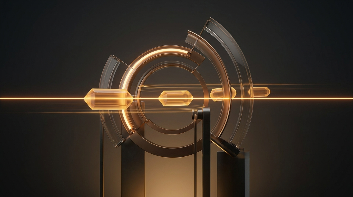 Glowing skill capsules passing through a precision amber benchmark chamber